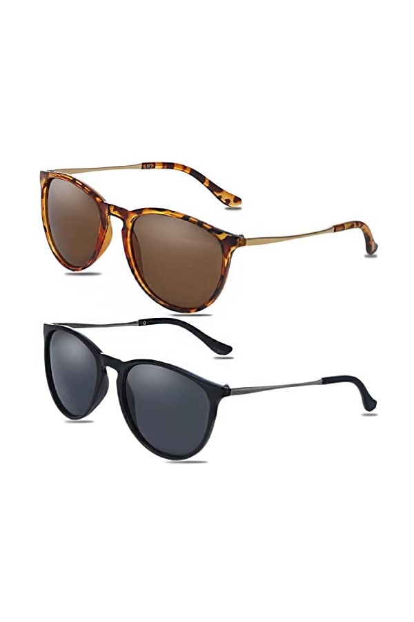 Heyu-Lotus Lot de 2 paires de lunettes de soleil polarisées rondes vintage pour femme, 1, M