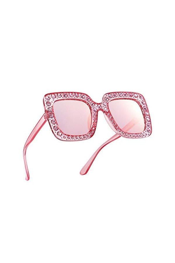 PRETYZOOM Lunettes de Soleil pour Femmes Lunettes Strass Bling Visage Masque Bejeweled Clouté Surdimensionné Flamme-Femmes Su