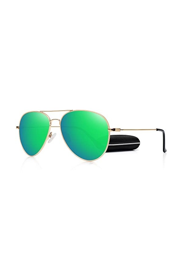 WOWSUN Lunettes de soleil polarisées classiques pour homme et femme avec étui, Lentille verte - Cadre doré