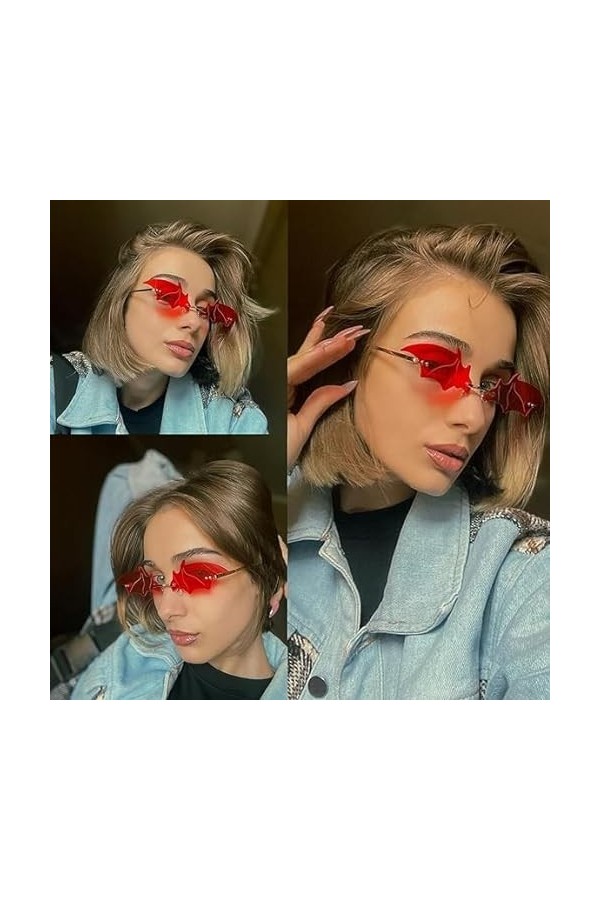 YWINETO Lunettes de soleil chauve-souris pour homme et femme - Lunettes de soleil funky sans monture pour fête dHalloween - 