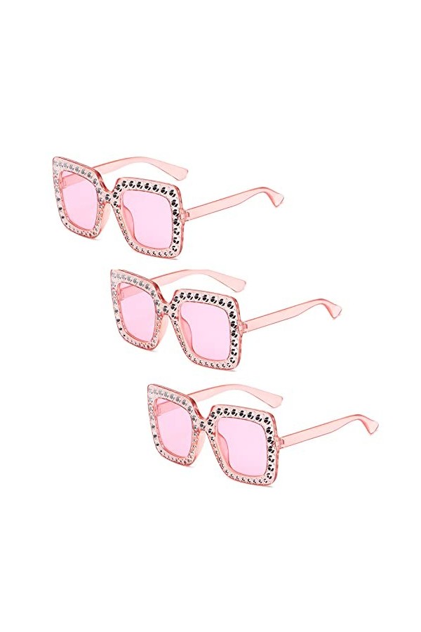 Lot de 3 paires de lunettes de soleil rectangulaires surdimensionnées avec strass - Unisexe - Monture épaisse - Style rétro -