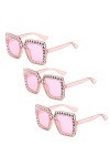Lot de 3 paires de lunettes de soleil rectangulaires surdimensionnées avec strass - Unisexe - Monture épaisse - Style rétro -