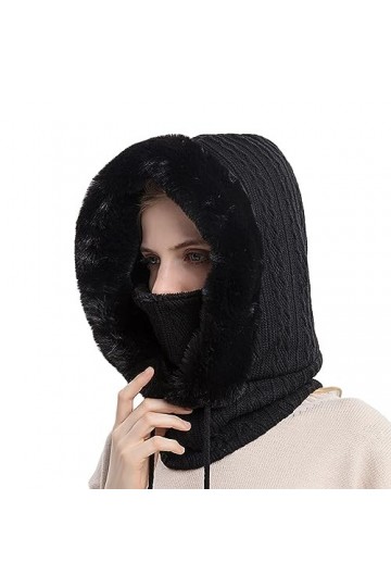 Visyaa Bonnet dhiver 3 en 1 pour femme - Bonnet en tricot - Cagoule - Bonnet en peluche - Bonnet à enfiler - Bonnet de cycli