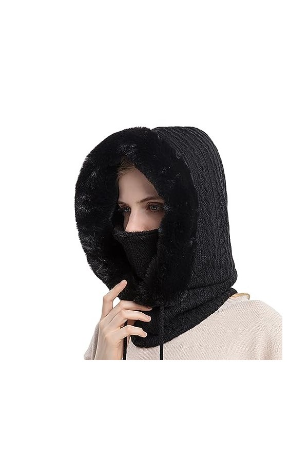 Visyaa Bonnet dhiver 3 en 1 pour femme - Bonnet en tricot - Cagoule - Bonnet en peluche - Bonnet à enfiler - Bonnet de cycli