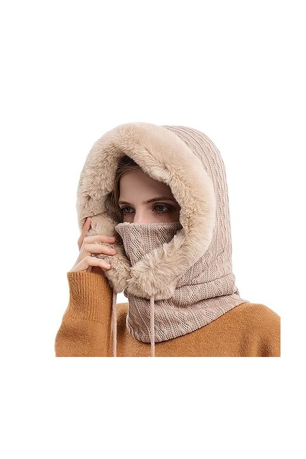 Visyaa Bonnet dhiver 3 en 1 pour femme - Bonnet en tricot - Cagoule - Bonnet en peluche - Bonnet à enfiler - Bonnet de cycli