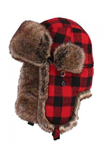 Insun Unisex Chapka Anti Vent Casquette dhiver Chapeaux avec Bordure en Fourrure Bonnet de Russie Plaid Rouge XXXL Chapkas c