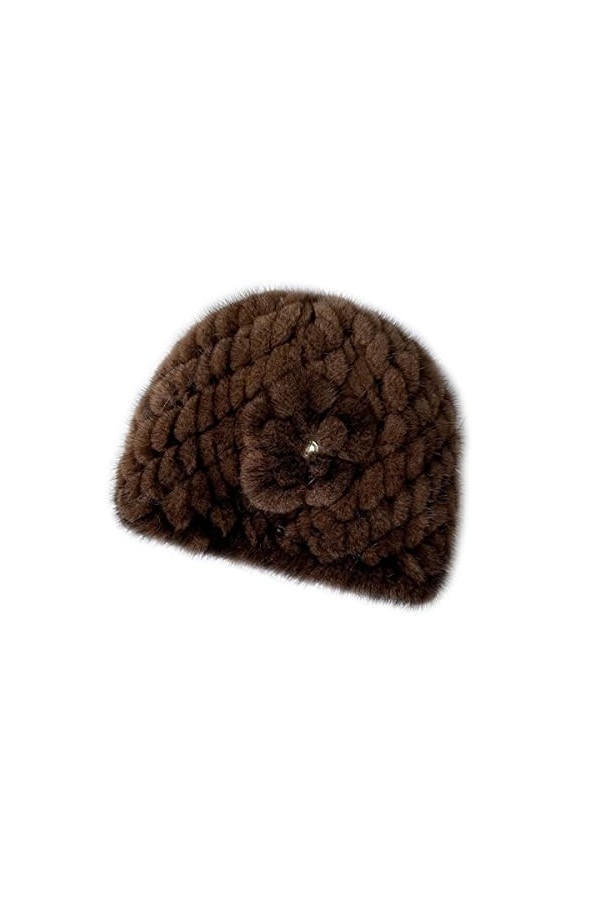 XUYUZUAU Bonnets Tricotés pour Femmes Hiver Chaud Chapeau en Fourrure de Vison Véritable Casquette de Ski pour Filles avec Fl