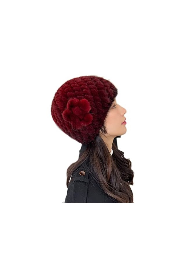 XUYUZUAU Bonnets Tricotés pour Femmes Hiver Chaud Chapeau en Fourrure de Vison Véritable Casquette de Ski pour Filles avec Fl