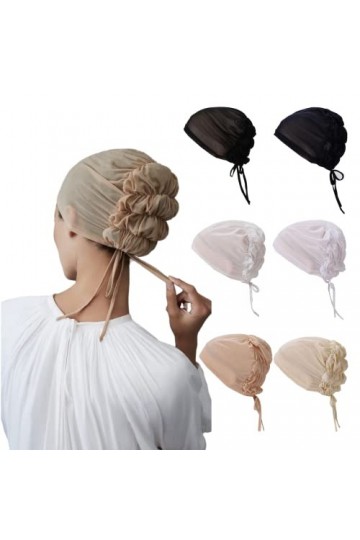 Lot de 6 bonnets intérieurs en maille respirante élastique pour sous-bonnets musulmans, hijab avec attaches à larrière, Blan