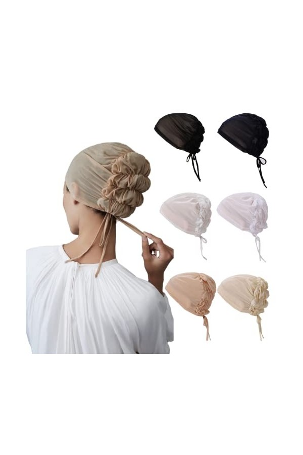 Lot de 6 bonnets intérieurs en maille respirante élastique pour sous-bonnets musulmans, hijab avec attaches à larrière, Blan