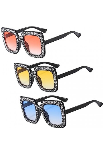 Lot de 3 lunettes de soleil rectangulaires surdimensionnées avec strass - Unisexe - Monture épaisse - Diamant - Lunettes de s