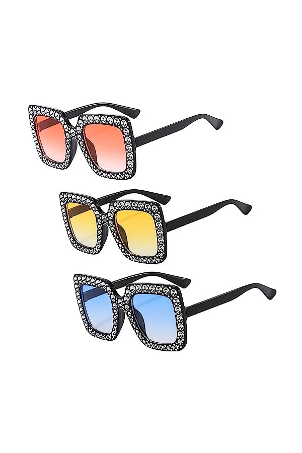 Lot de 3 lunettes de soleil rectangulaires surdimensionnées avec strass - Unisexe - Monture épaisse - Diamant - Lunettes de s