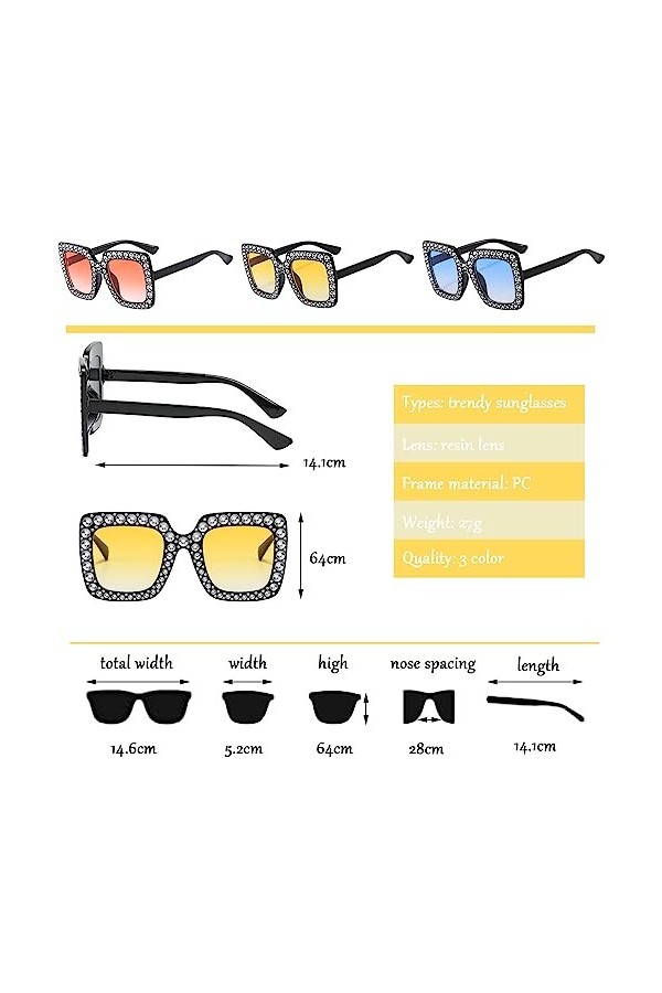 Lot de 3 lunettes de soleil rectangulaires surdimensionnées avec strass - Unisexe - Monture épaisse - Diamant - Lunettes de s