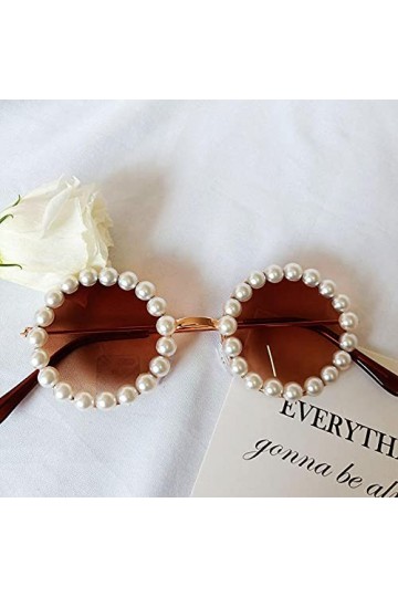 WQZYY&ASDCD des Lunettes De Soleil Femme Homme Lunettes De Soleil Rondes en Métal Rose Perle Lunettes De Soleil Rondes-Tea