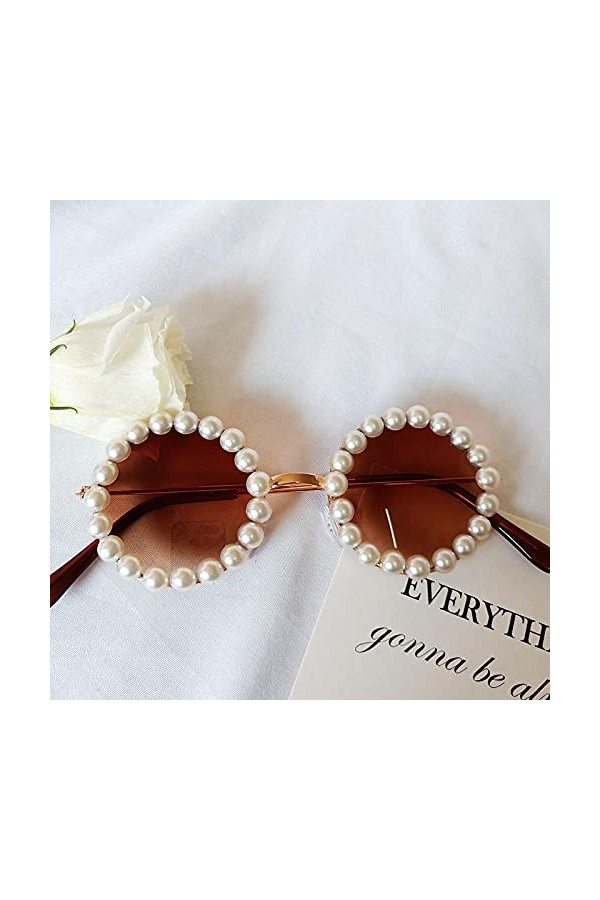 WQZYY&ASDCD des Lunettes De Soleil Femme Homme Lunettes De Soleil Rondes en Métal Rose Perle Lunettes De Soleil Rondes-Tea