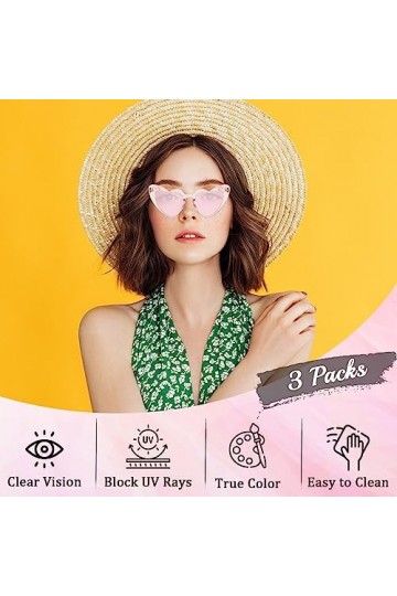 Alviller Lot de 3 lunettes de soleil vintage en forme de cœur pour femme, lunettes de style œil de chat pour filles, femmes, 