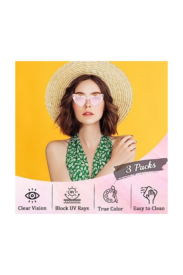 Alviller Lot de 3 lunettes de soleil vintage en forme de cœur pour femme, lunettes de style œil de chat pour filles, femmes,