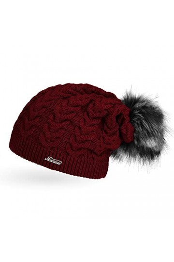Neverless Bonnet tricoté tendance pour femme avec pompon en fourrure - Rouge - Taille Unique
