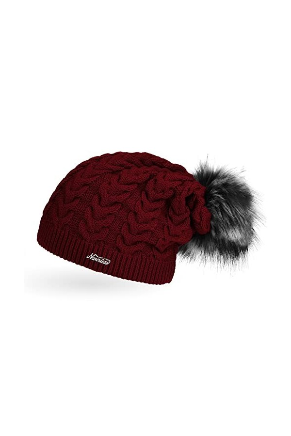 Neverless Bonnet tricoté tendance pour femme avec pompon en fourrure - Rouge - Taille Unique