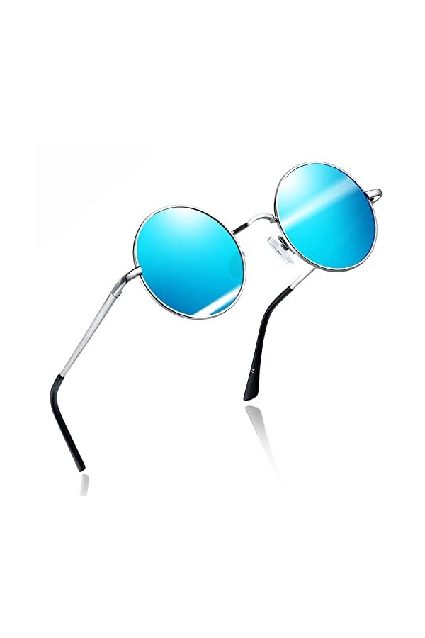 Joopin Lunettes de Soleil Homme Femme Polarisées Ronde Métal Hippie Noir Simple