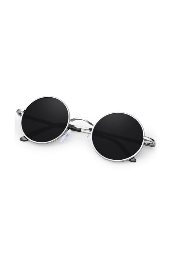 KANASTAL Lunettes de Soleil Ronde Polarisée pour Homme et Femme UV400 Vintage Lunettes de Soleil Métal Hippie Steampunk Noir 