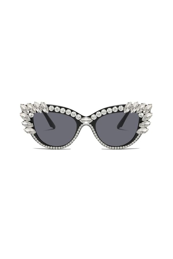 LJCZKA Lunettes de Soleil Femme Diamant Œil de Chat, Vintage Lunettes de Soleil Femme avec Strass Lunettes Œil de Chat Protec