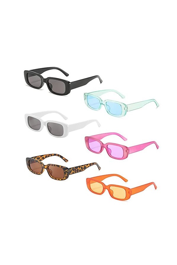 Lassuzie 6 Pièces Lunettes De Soleil Rectangulaires, Lunettes de Soleil Rétro Lunette de Soleil Vintage Pour Femmes Hommes Lu