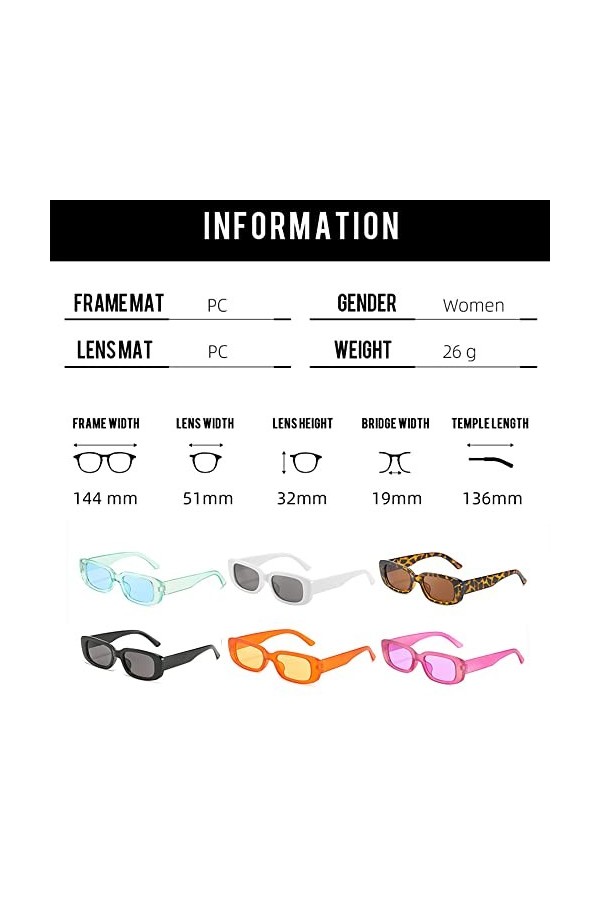 Lassuzie 6 Pièces Lunettes De Soleil Rectangulaires, Lunettes de Soleil Rétro Lunette de Soleil Vintage Pour Femmes Hommes Lu