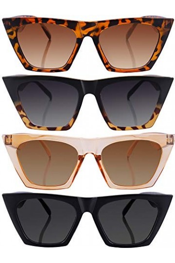 Frienda 4 Paires Lunettes Soleil Œil Chat Carrées Noir, Léopard, Champagne, Gris 