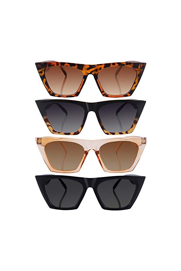 Frienda 4 Paires Lunettes Soleil Œil Chat Carrées Noir, Léopard, Champagne, Gris 