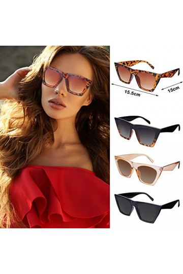 Frienda 4 Paires Lunettes Soleil Œil Chat Carrées Noir, Léopard, Champagne, Gris 