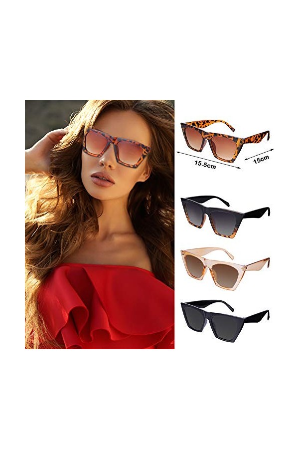 Frienda 4 Paires Lunettes Soleil Œil Chat Carrées Noir, Léopard, Champagne, Gris 