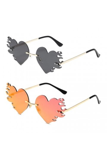 ANCLLO 2 Paires de Lunettes de Soleil en Forme de Coeur et Design Flamme Lunettes de Soleil Sans Monture Rétro Hippie Lunette