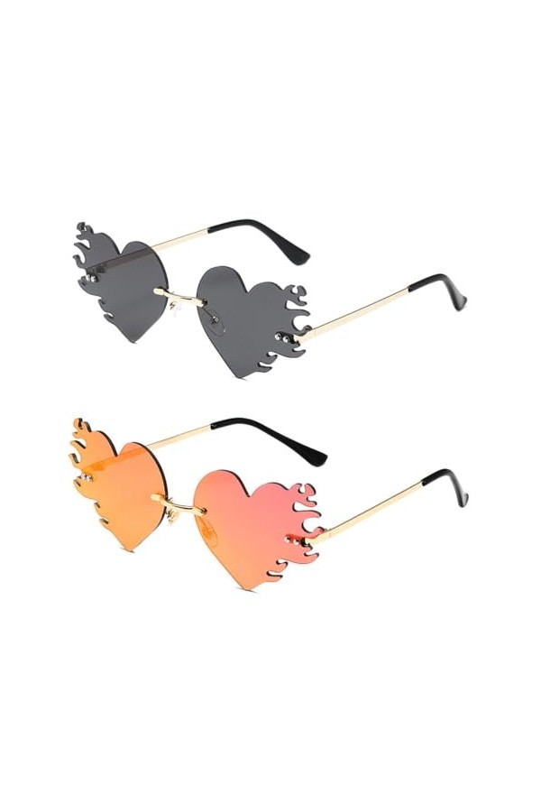 ANCLLO 2 Paires de Lunettes de Soleil en Forme de Coeur et Design Flamme Lunettes de Soleil Sans Monture Rétro Hippie Lunette