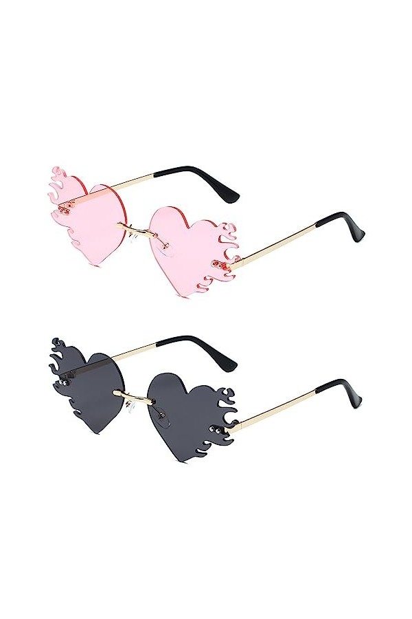 Dfuqanb 2 Pièces Lunettes de Soleil Cœur en Forme de Flamme sans Monture en Métal, Sans Monture Coeur Couleur Bonbon, Sans Mo