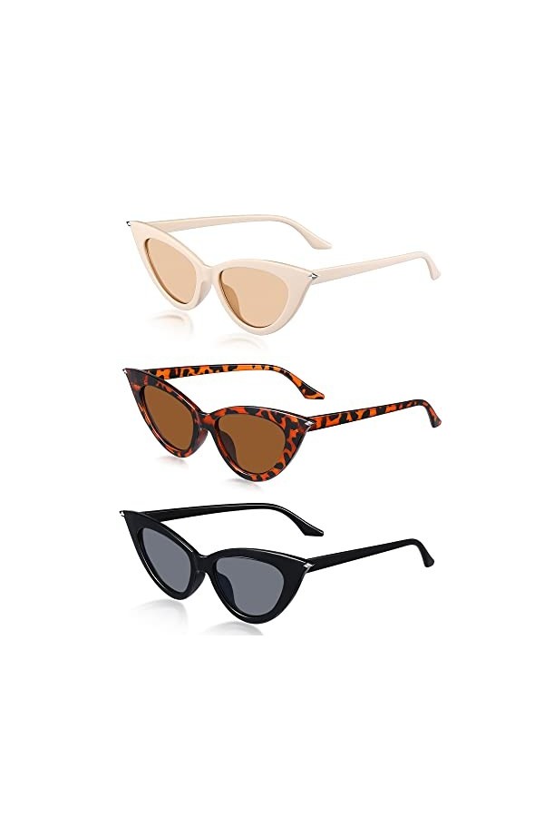 3 Paires Lunettes de Soleil Œil de Chat Rétro Vintage à Monture en Plastique