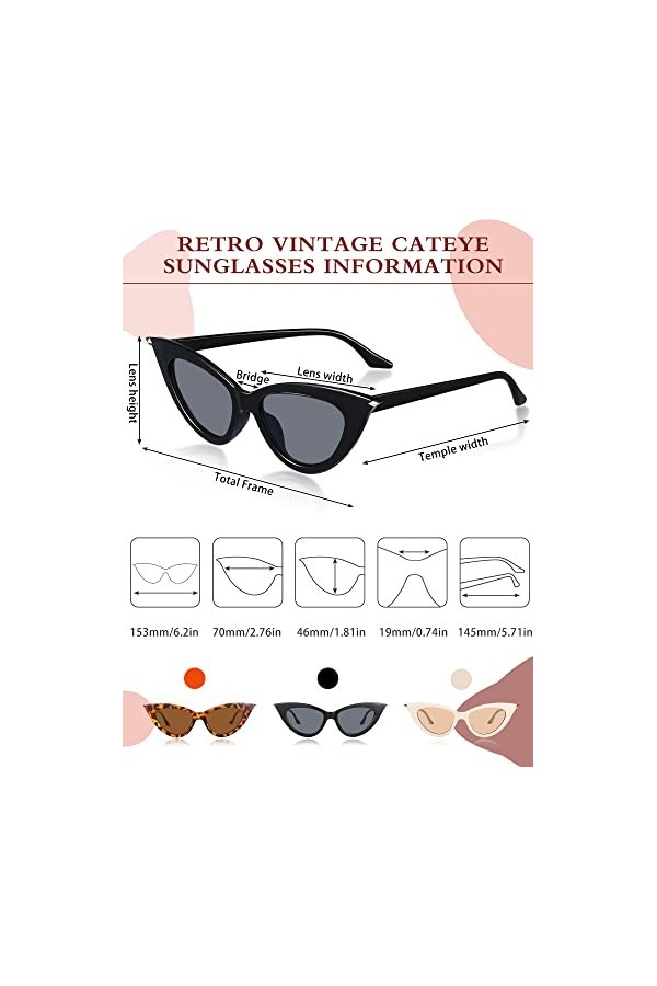 3 Paires Lunettes de Soleil Œil de Chat Rétro Vintage à Monture en Plastique