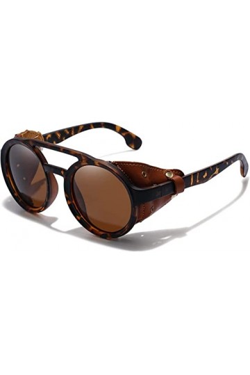 Vagbalena Lunettes de soleil steampunk rétro polarisantes rondes pour hommes et femmes avec bord en cuir double pont et boucl
