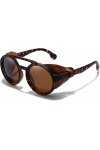Vagbalena Lunettes de soleil steampunk rétro polarisantes rondes pour hommes et femmes avec bord en cuir double pont et boucl