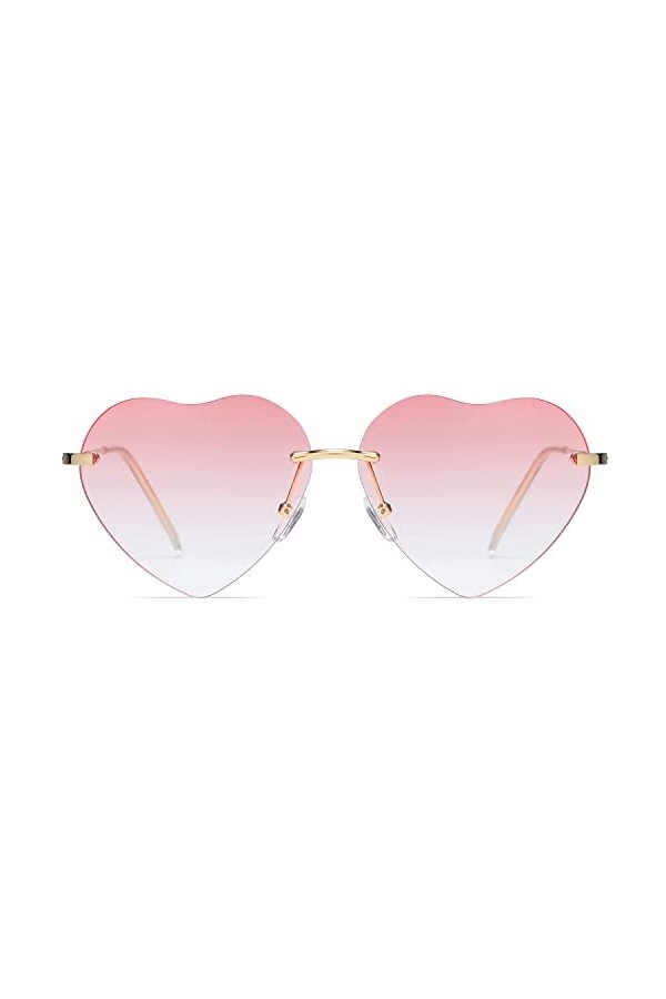 Lunettes de soleil coeur pour femme sans monture cadre en métal mince lunettes de soleil en forme de coeur UV400(Lentille ros