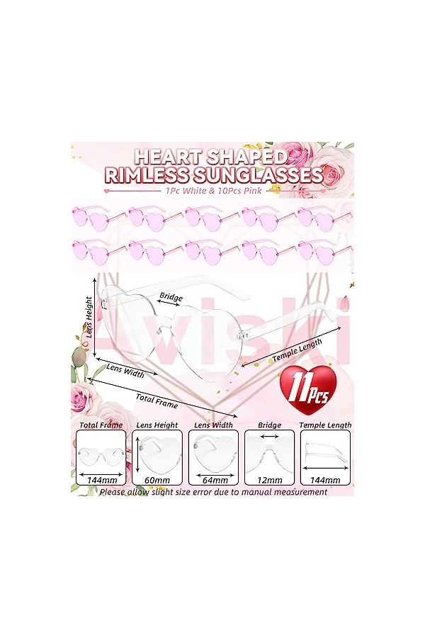 Lunettes de soleil transparentes en forme de cœur - Sans monture - Verres teintés - 1 mariée à 10 équipes - Pour mariage - Fê
