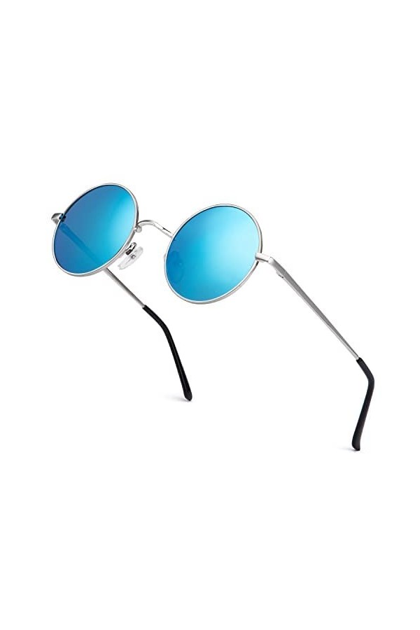Lunettes de Soleil Homme Femme Rondes Hippie Lunettes de Soleil lunettes de soleil polarisées Unisexe Avec UV400 Argenté/Ble