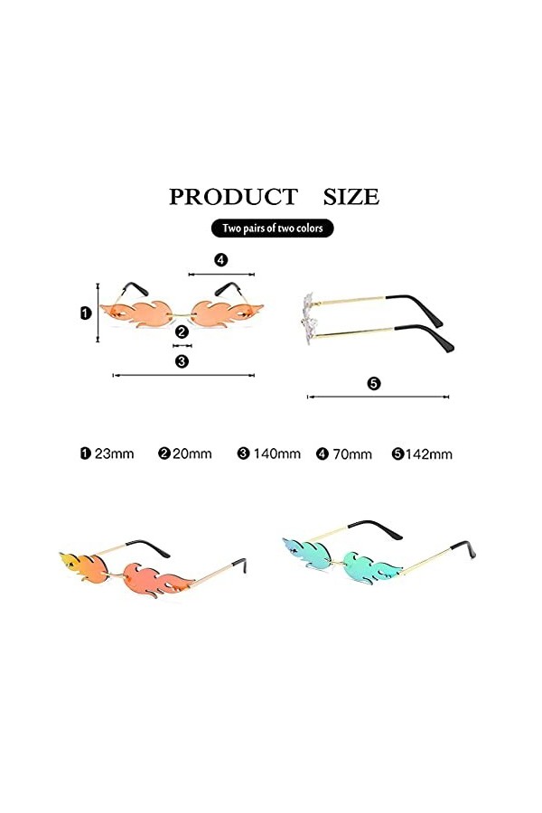 MIZT 2pcs Lunettes de Soleil en Forme Flamme Feu Lunettes de Soleil sans Monture pour Femmes Hommes Unisexes Fournitures de F