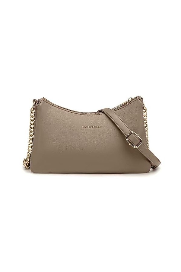 David Jones - Petit Sac Bandoulière Plusieurs Compartiments Femme - Porté Epaule Simili Cuir PU - Pochette Chaînes 3 Soufflet