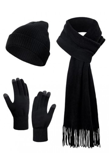 Kiiwah 3 en 1 Packs Hiver Bonnet, Écharpe et Gants Écran Tactile pour Femme et Homme, Classique Simple Noir, Doux, Élasticité