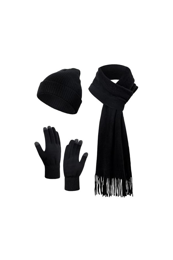 Kiiwah 3 en 1 Packs Hiver Bonnet, Écharpe et Gants Écran Tactile pour Femme et Homme, Classique Simple Noir, Doux, Élasticité