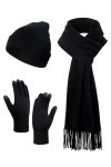 Kiiwah 3 en 1 Packs Hiver Bonnet, Écharpe et Gants Écran Tactile pour Femme et Homme, Classique Simple Noir, Doux, Élasticité