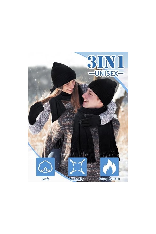 Kiiwah 3 en 1 Packs Hiver Bonnet, Écharpe et Gants Écran Tactile pour Femme et Homme, Classique Simple Noir, Doux, Élasticité