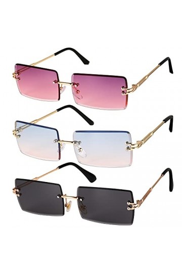 Gaosaili Lot de 3&nbsp;paires de lunettes de soleil, en forme de rectangle, sans bord/cadre, style rétro, lentille transparent, un