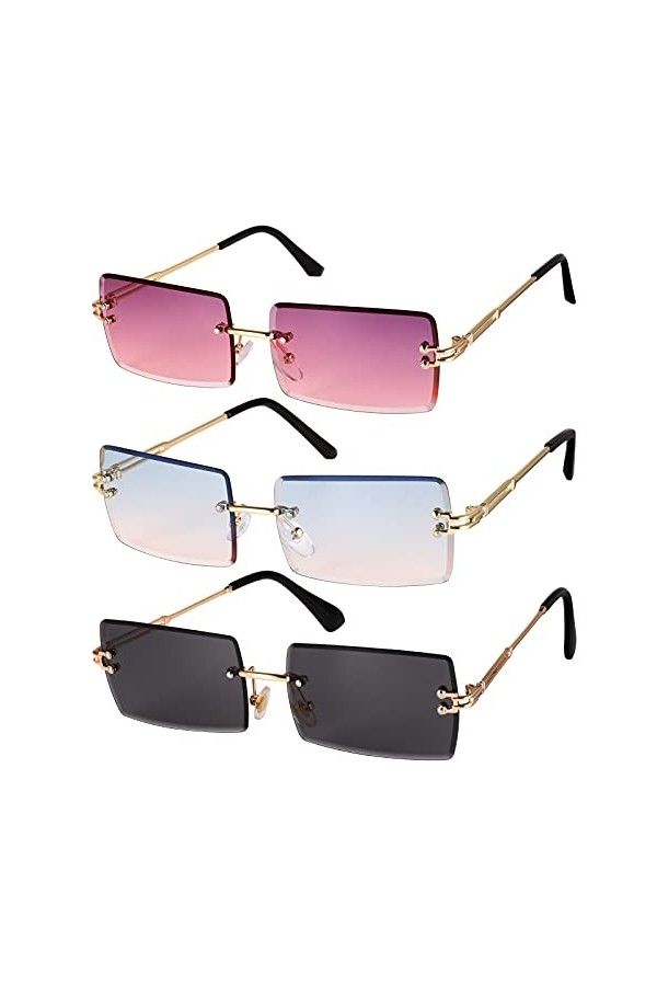 Gaosaili Lot de 3&nbsp;paires de lunettes de soleil, en forme de rectangle, sans bord/cadre, style rétro, lentille transparent, un